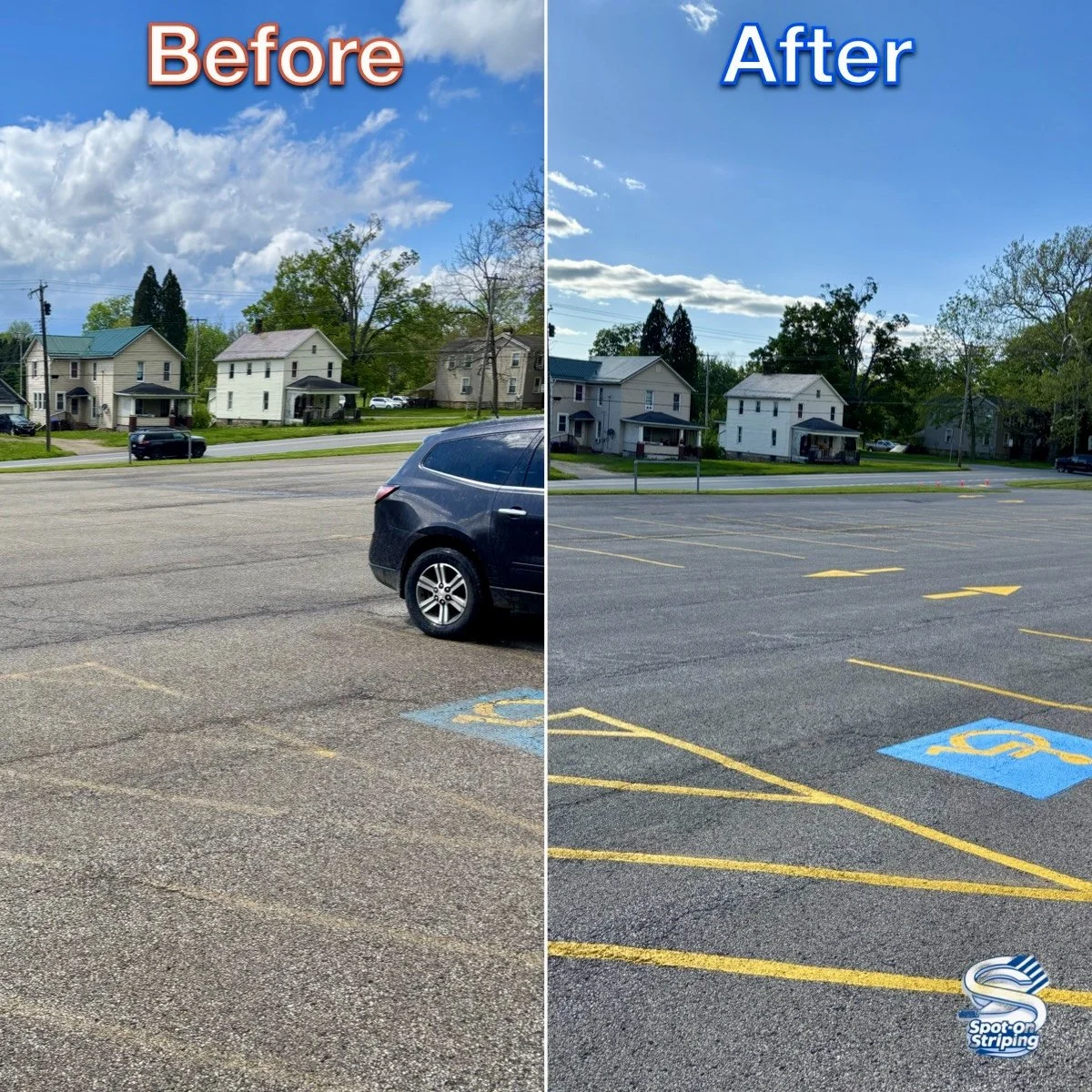 Side-by-side comparison of a parking lot before and after stripping, showing cleaner lines and newly painted yellow parking space lines, including a handicapped spot. The background features houses and trees under a partly cloudy sky.
