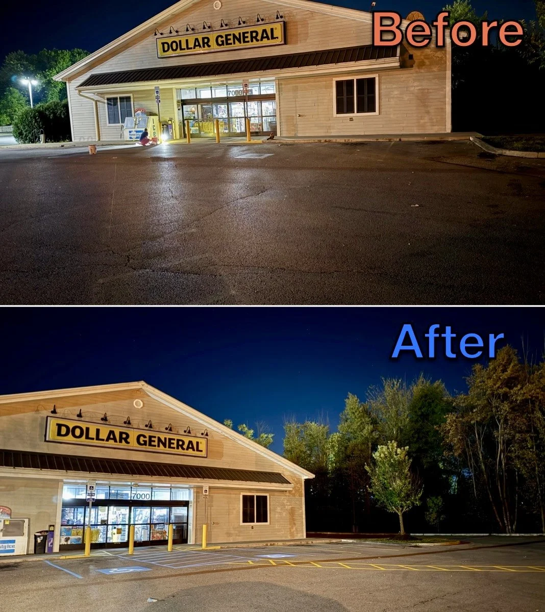 Before and After photos of an ADA Compliant parking lot in Warren, Ohio after being painted.