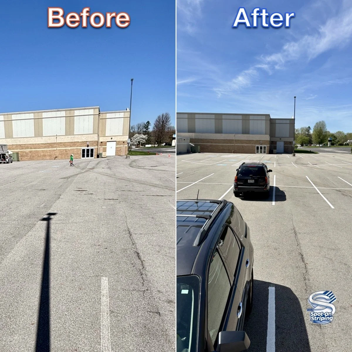Comparison of a parking lot before and after cleaning. The 'before' image shows a dirty parking lot with many tire marks and a person walking, while the 'after' image shows a clean, freshly painted parking lot with a few cars parked.