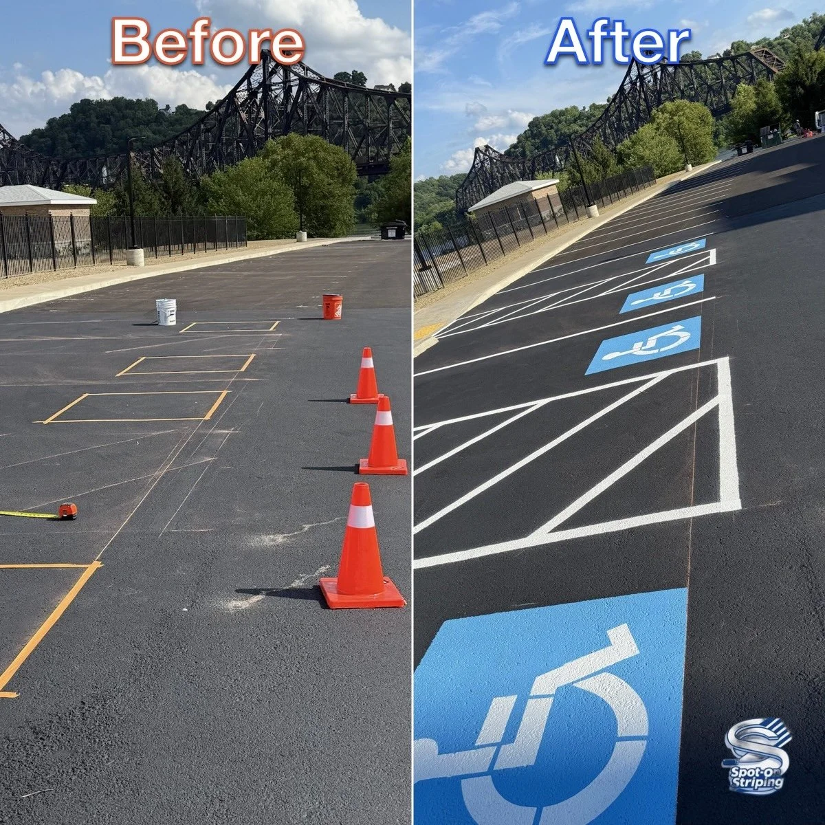 Comparison of a parking lot before and after it has been marked for handicapped parking. The 'before' side shows empty parking spaces with orange outline markings, traffic cones, and buckets. The 'after' side shows newly painted blue and white handic