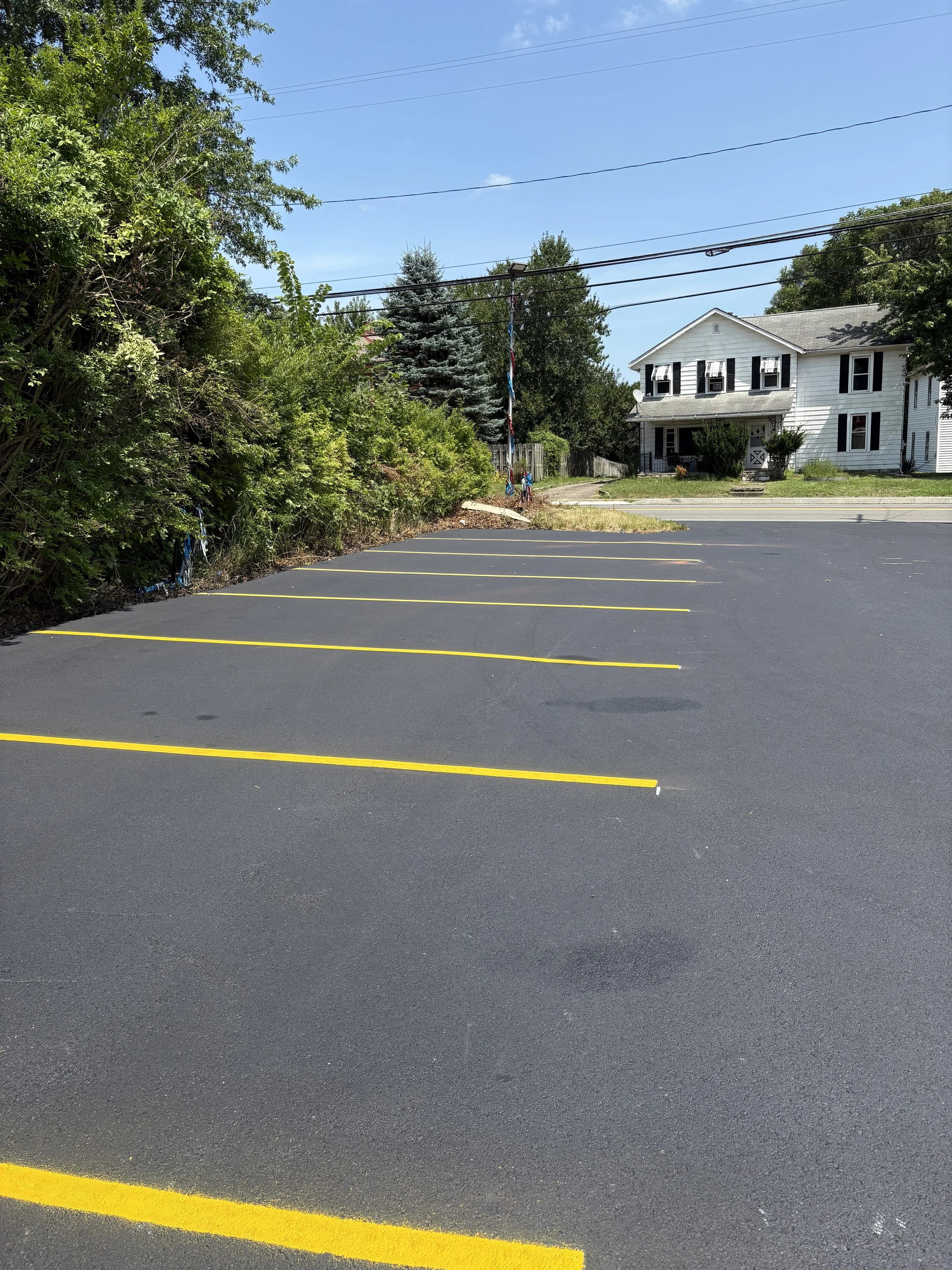 Empty parking lot with freshly painted yellow parking lines, next to green bushes and a white house with black shutters in the background under a blue sky.