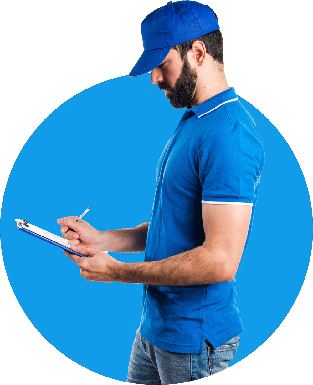 A man wearing a blue cap and blue polo shirt, writing on a clipboard with a pen, against a blue and white background.