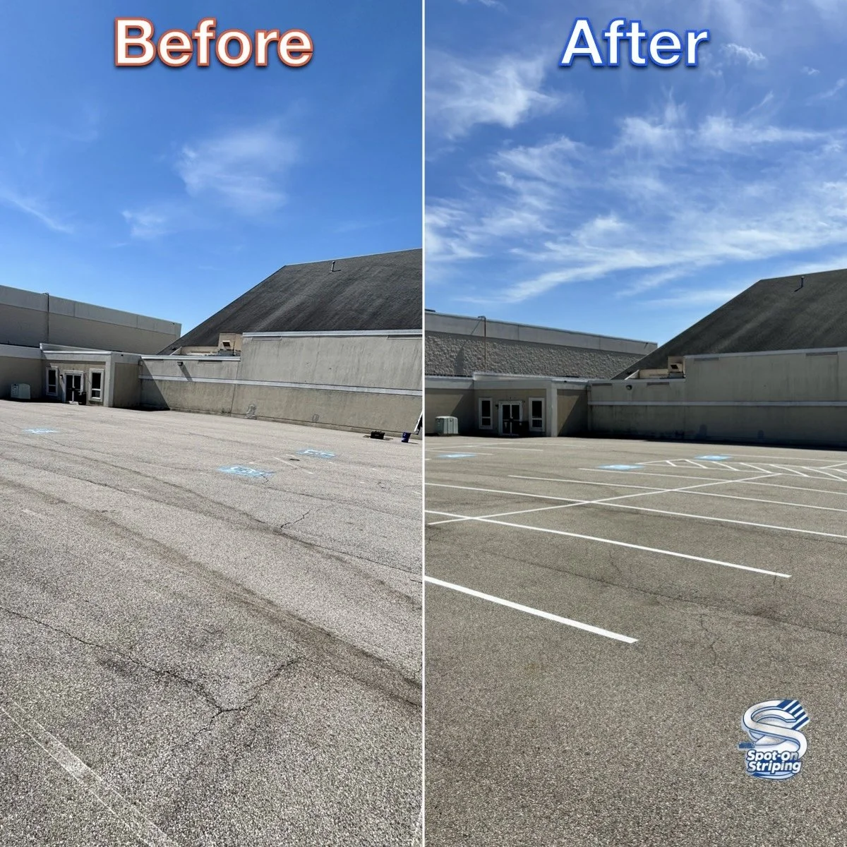 Side-by-side comparison of a parking lot before and after fresh striping. The 'Before' side shows worn-out, faded parking lines, while the 'After' side displays newly painted, bright white lines, with a clear logo in the corner.