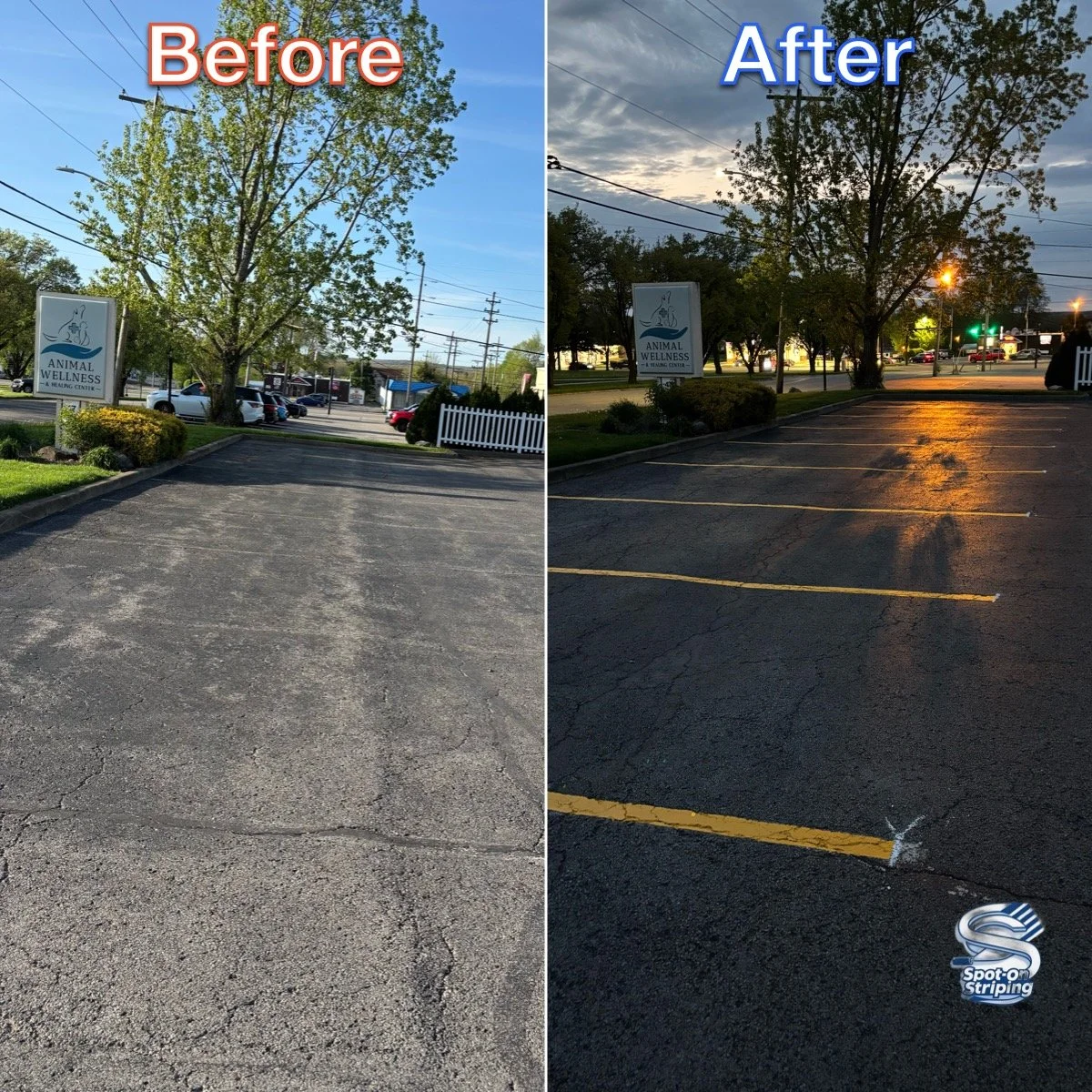Comparison of a parking lot before and after striping; the before side shows an empty lot with no lines, while the after side shows newly painted yellow parking spaces and a polished surface.