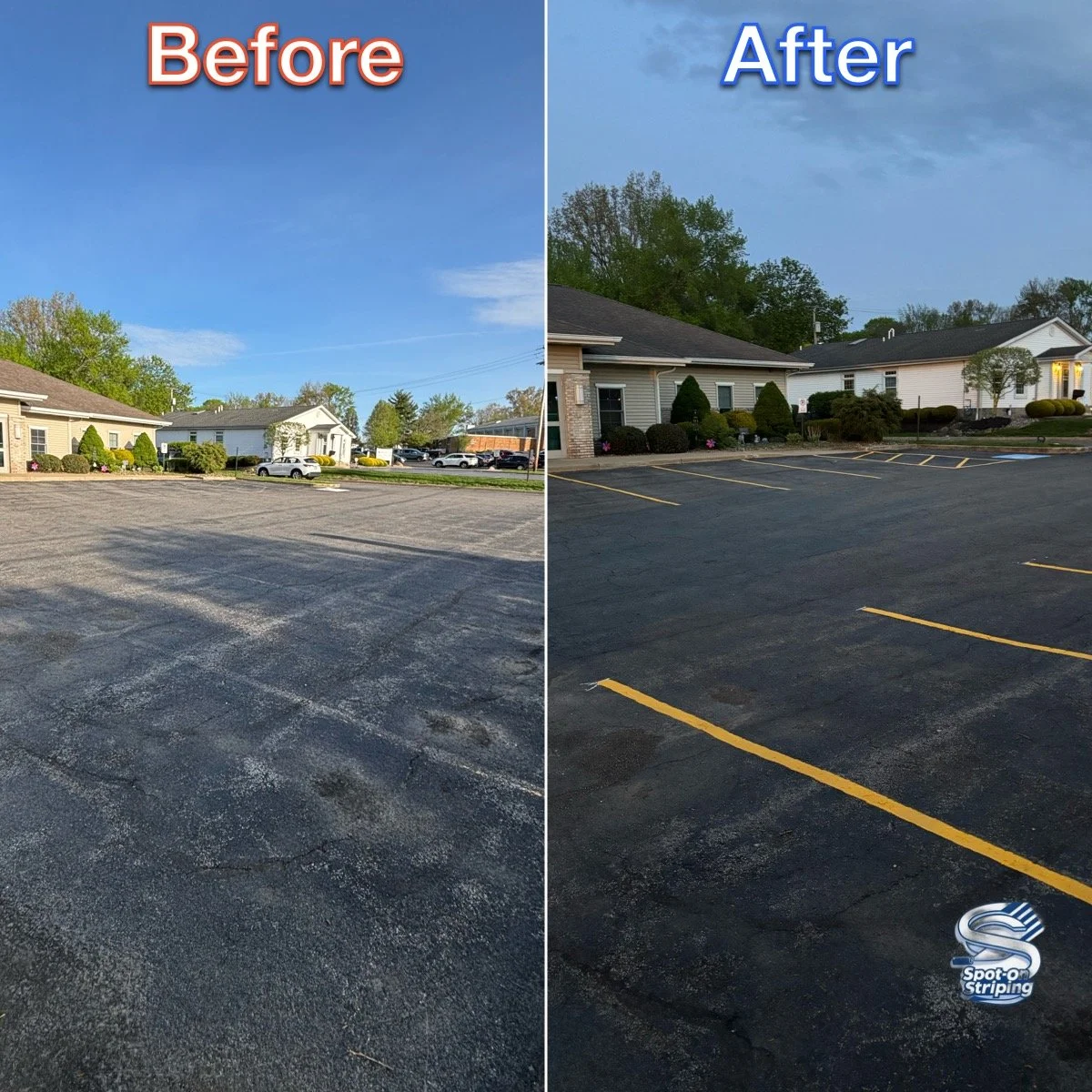 Comparison of a parking lot before and after striping. The left side shows an unstriped parking lot with faded lines, while the right side shows the same lot with freshly painted yellow parking space lines.