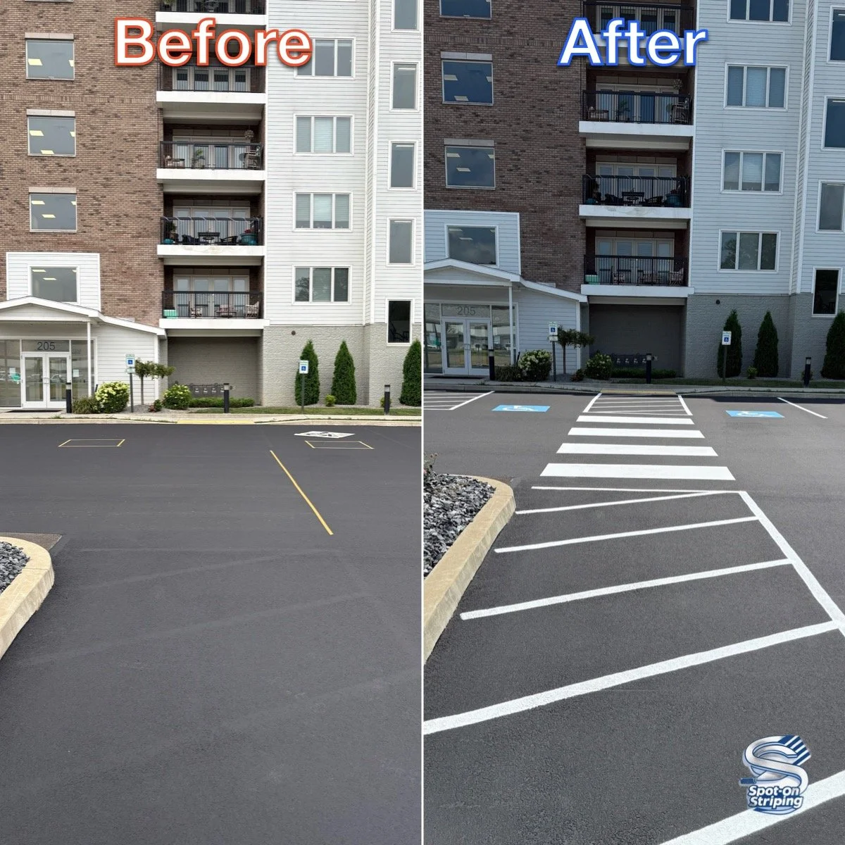 Side-by-side comparison of a building parking lot before and after striping; left side shows no parking lines, right side shows newly painted white parking spaces and striped crosswalks.