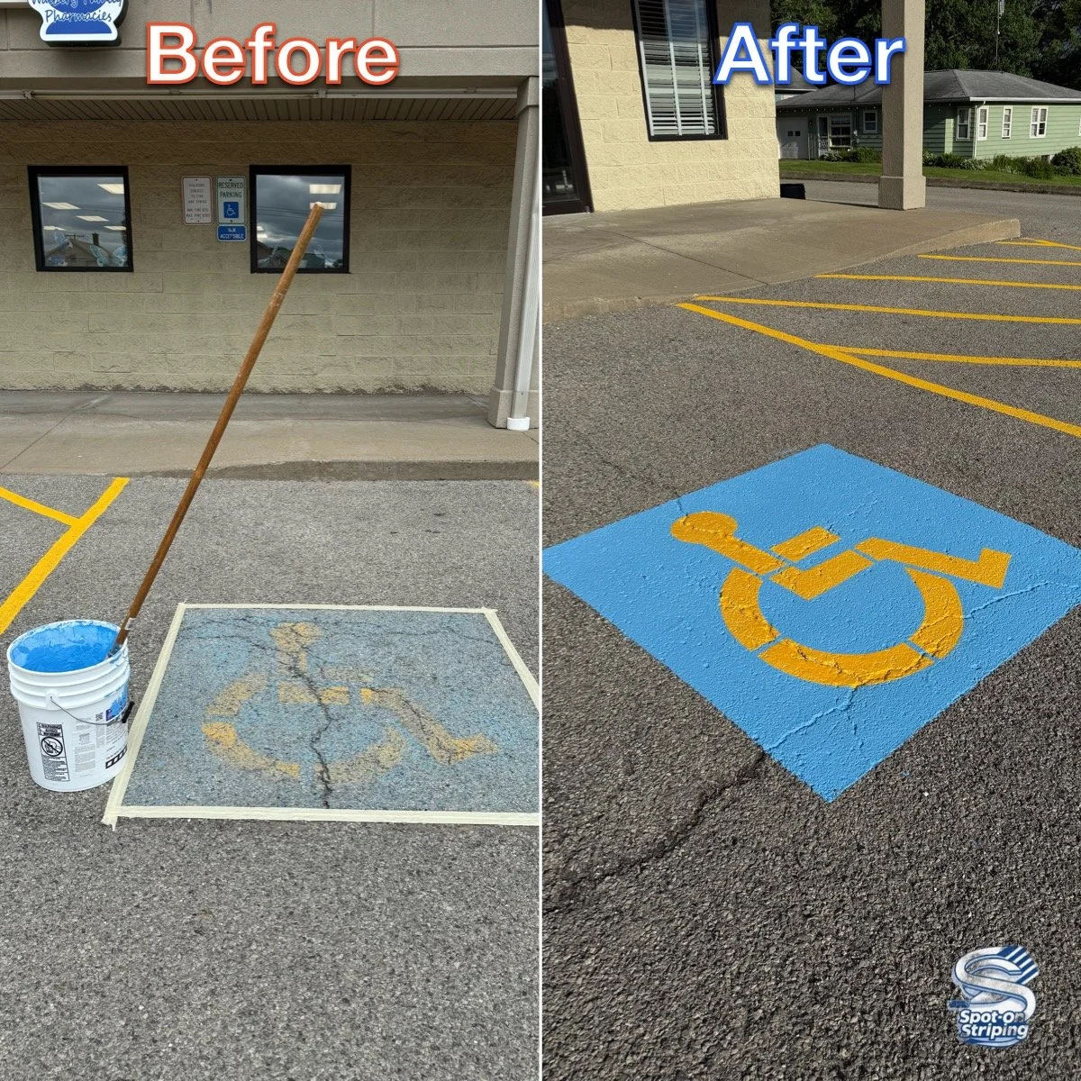 Side-by-side comparison of an ADA Compliant symbol parking space. The left shows the space being repainted with yellow lines and a new blue background, while the right shows the freshly painted finished parking space.