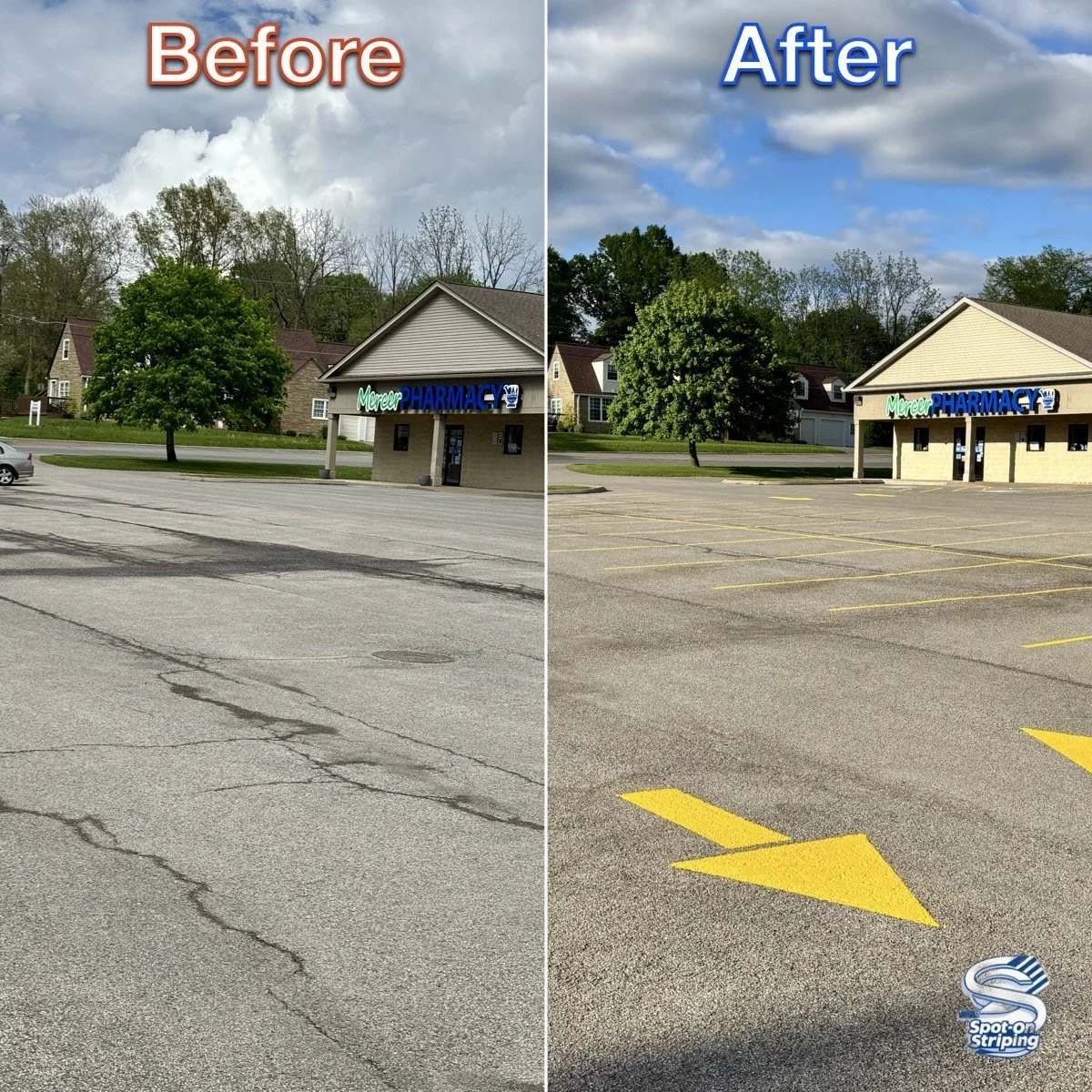 Side-by-side comparison of a parking lot before and after sealing and striping. The left image shows an unmarked lot with cracks, while the right image shows the same lot freshly painted with yellow parking lines and an arrow, looking cleaner and mor