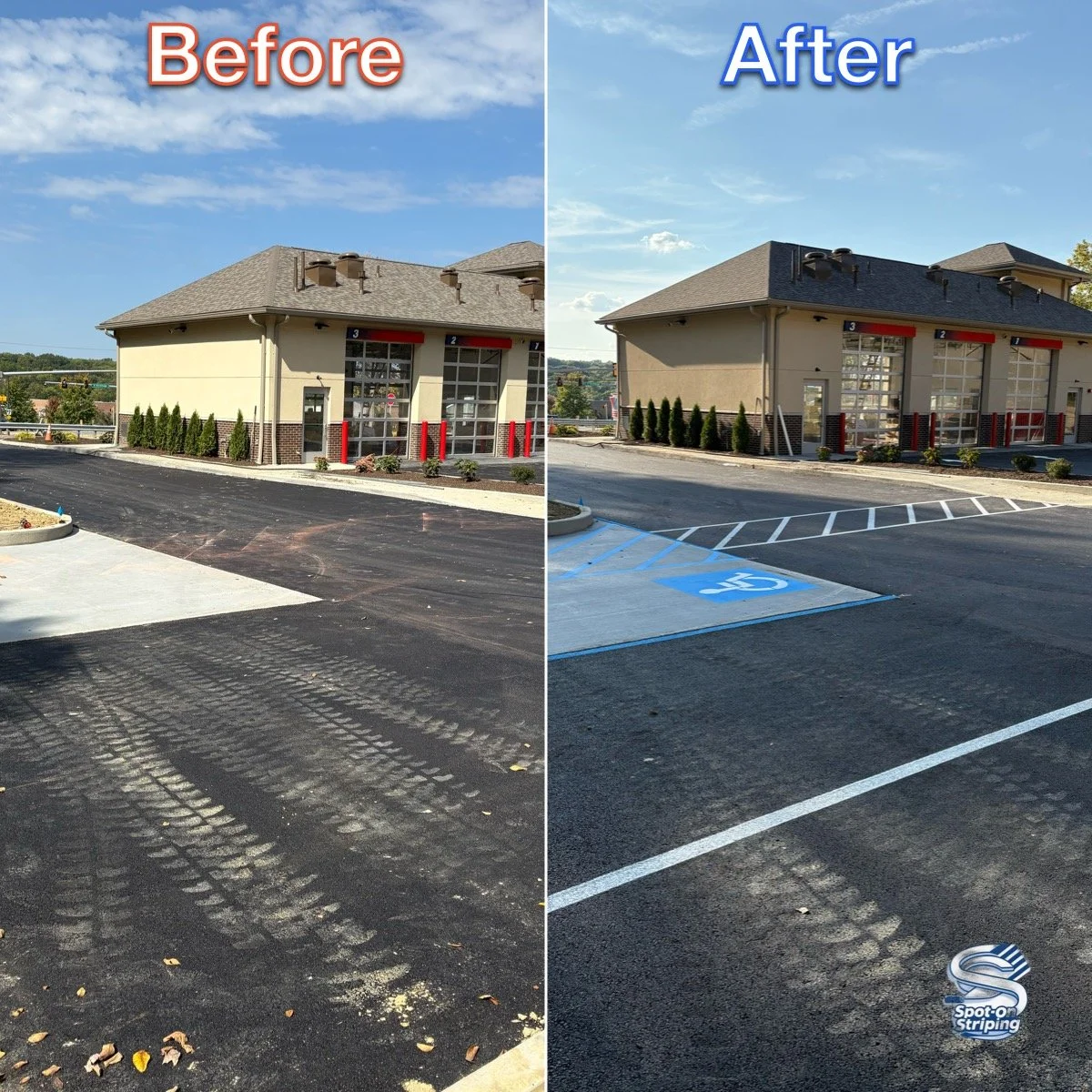 Side-by-side comparison of a parking lot before and after striping, showing re-striped parking spaces and a handicapped parking spot in the after image.