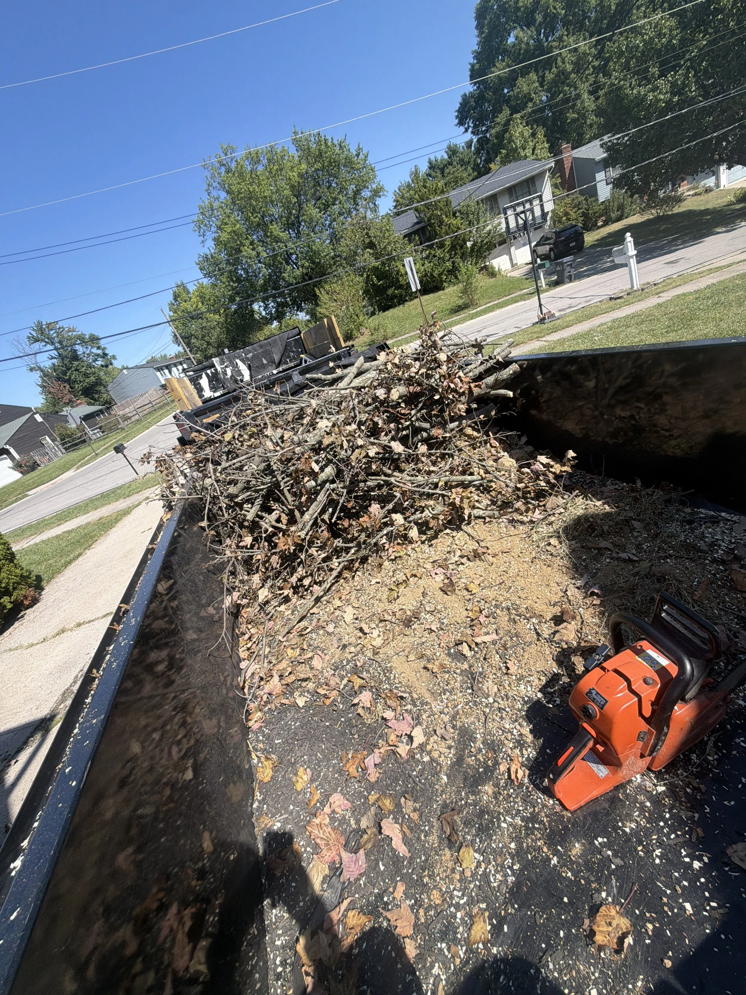 Open landscaping trailer filled with branches, leaves, and wood chips, with an orange leaf blower beside it on a residential street.