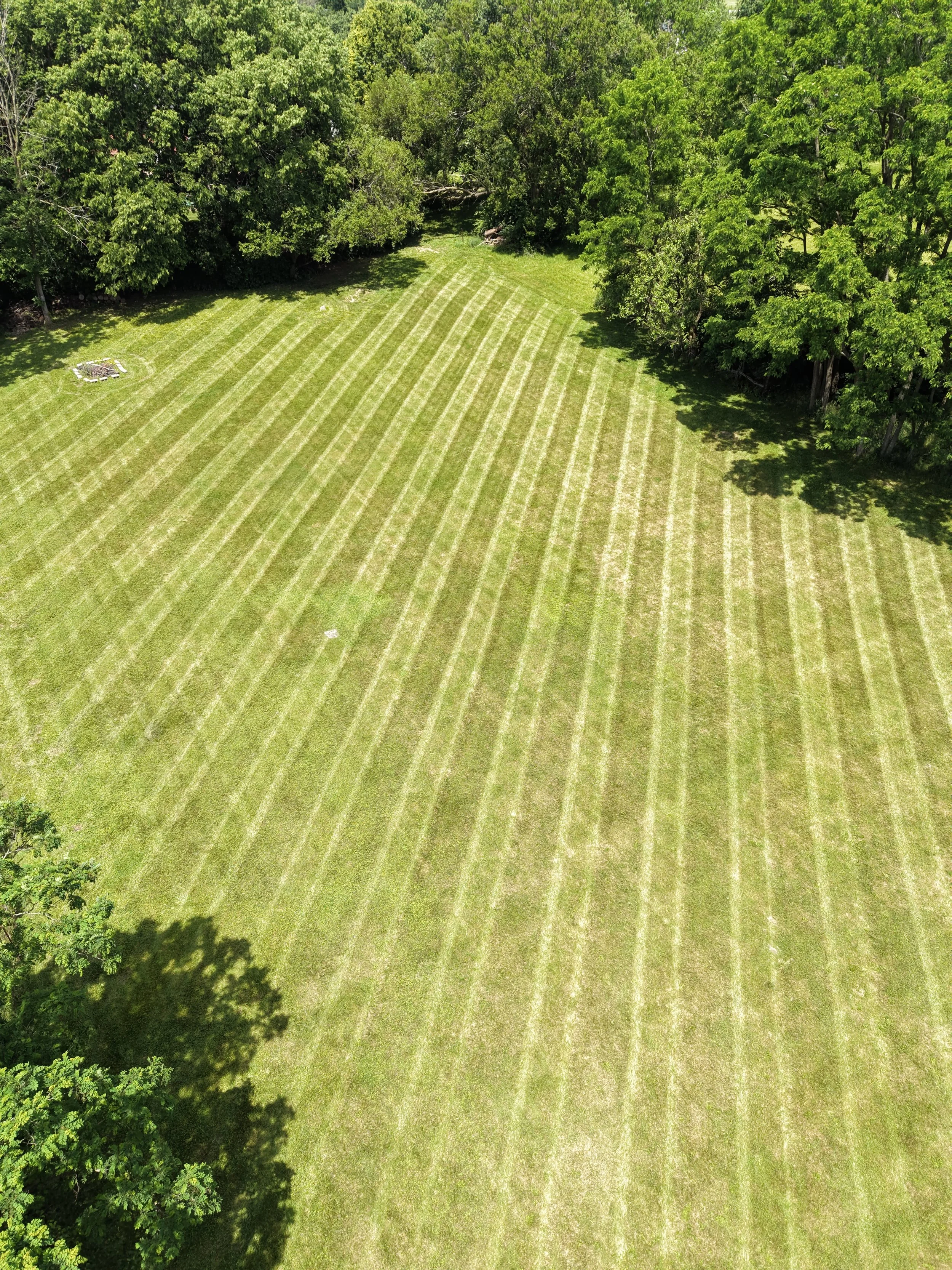 Aerial view of a freshly mowed grassy yard bordered by dense green trees, with a small stone fire pit in the corner.