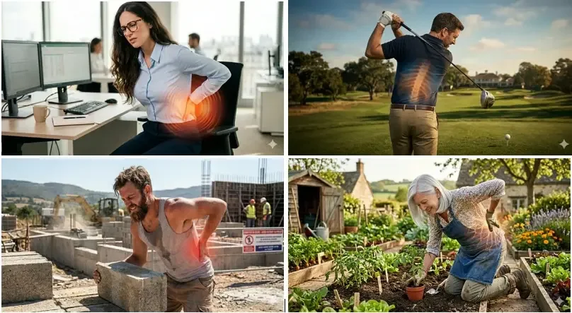 Exemples de causes de lumbago et dos bloqué : posture au bureau, swing de golf, port de charges sur chantier et jardinage, traités par David Savasta ostéopathe.