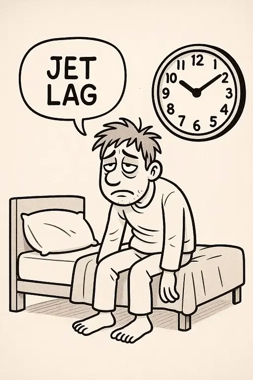 Illustration des effets du jet lag et du changement d'heure sur le sommeil, traités par l'approche ostéopathique de David Savasta.
