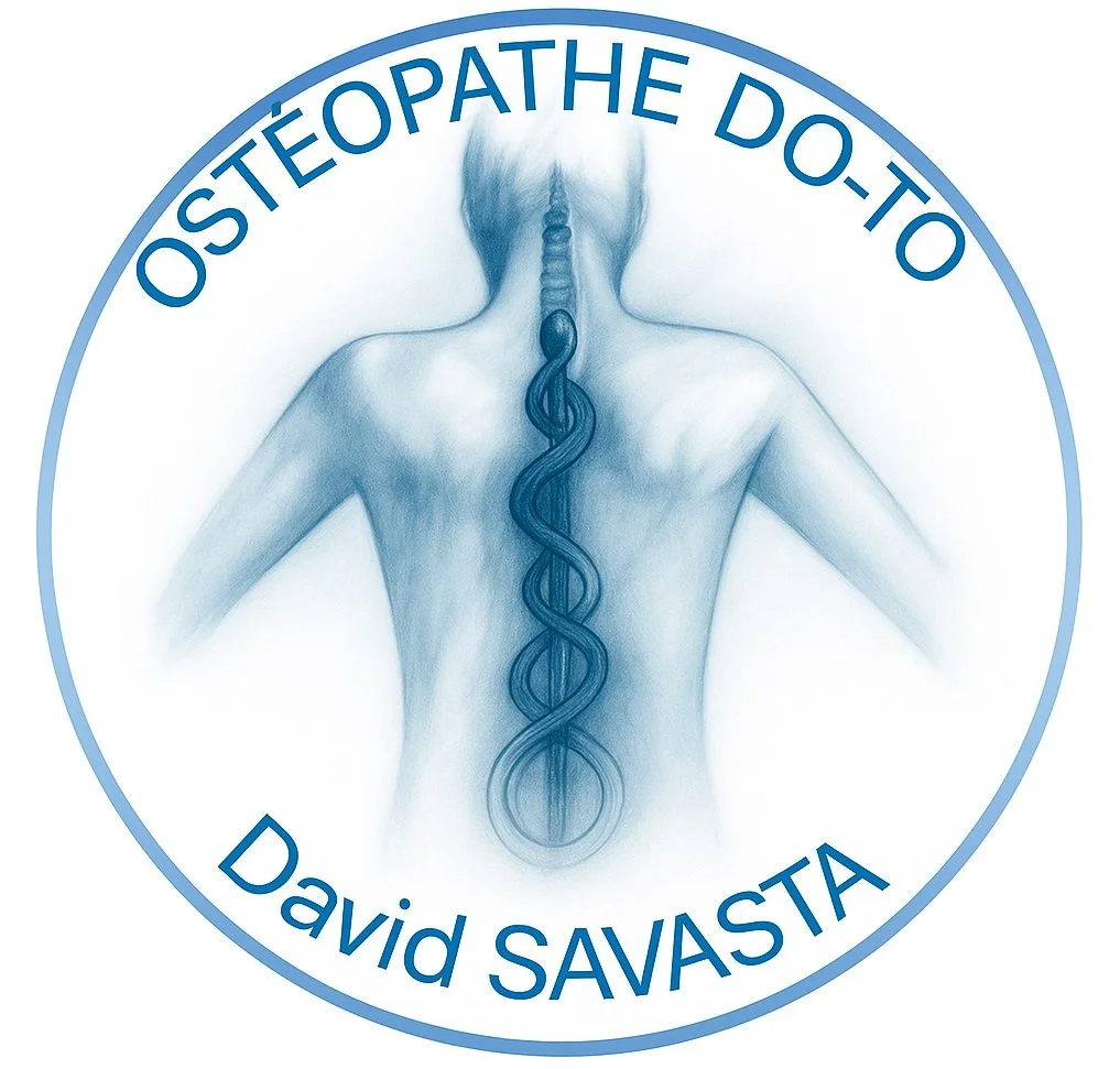 A logo with a blue circle and the words "Osteopathée Do-Tao" and "David Savasta". Inside, a drawing of a human back viewed from behind with a stylized spine that incorporates a caduceus symbol.