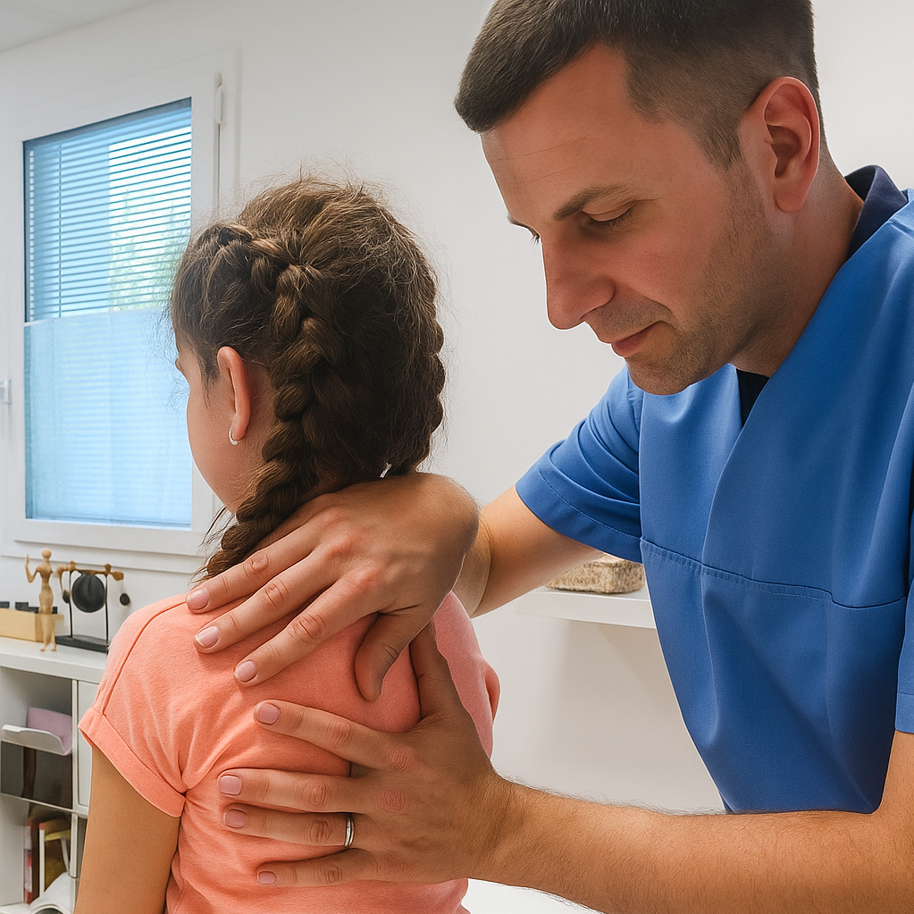 A osteopath DO TO professional examining a young girl's shoulder in a osteopathy office.