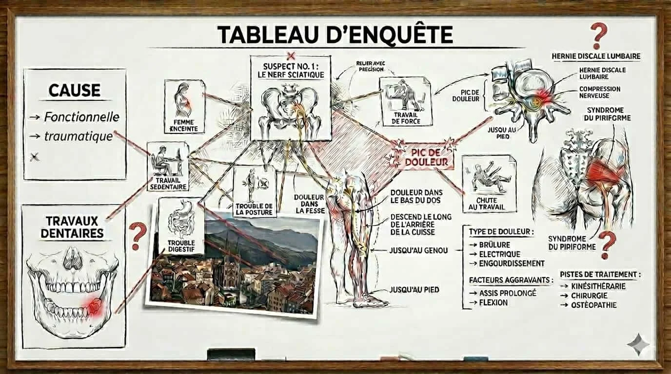 Schéma explicatif des causes de la sciatique : hernie discale, posture, et douleurs nerveuses de la jambe.