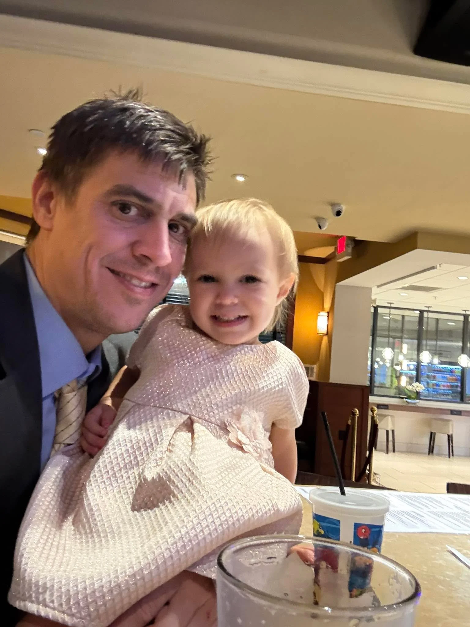 Out of town at wedding. After hours of endless speeches none of the women could settle Amelia. I took her down to the bar. She couldn&rsquo;t have been happier! 

I didn&rsquo;t save her, she saved me! I used to enjoy getting chicken wings and beer w