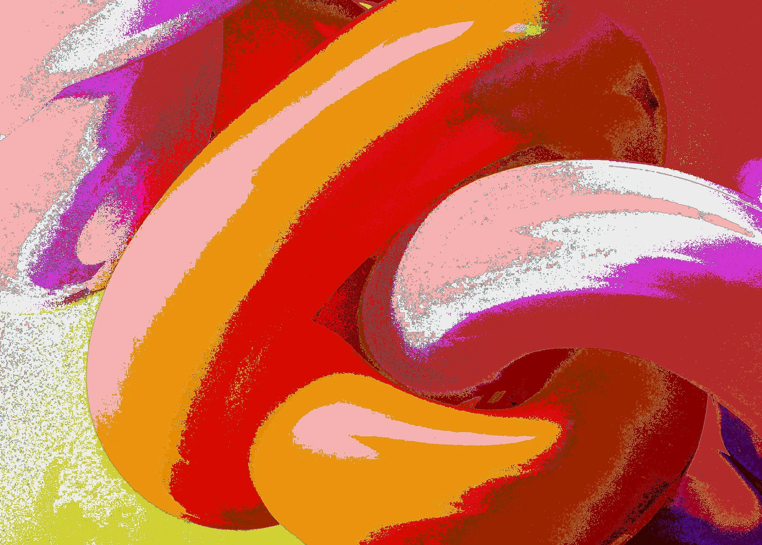 Abstract digital painting with swirling shapes in red, pink, yellow, purple, and orange colors.