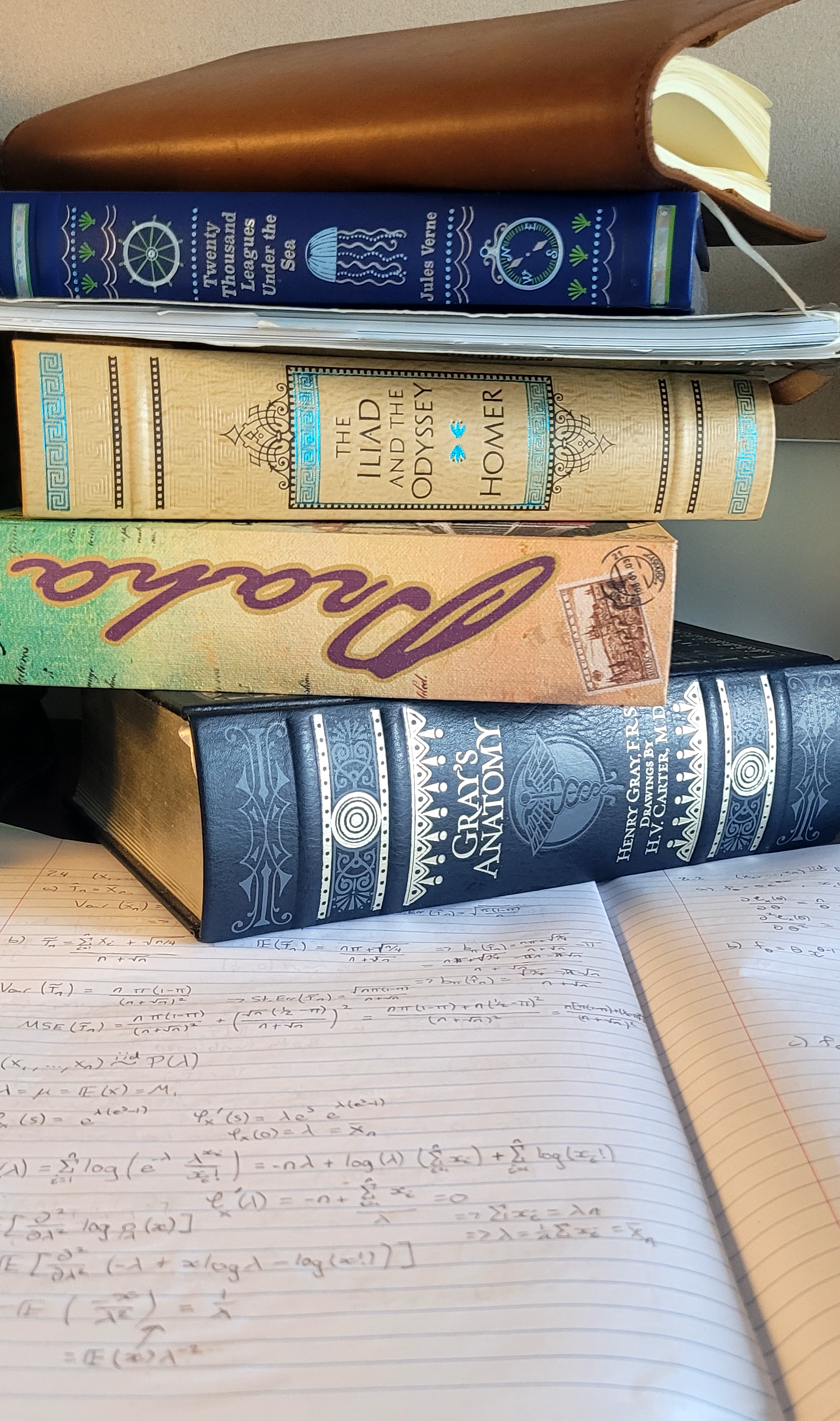 Stack of five books on a desk, with handwritten notes and calculations on a notebook underneath. The titles include "Twenty Thousand Leagues Under the Sea," "The Iliad and the Odyssey," "Paris," "Gray's Anatomy," and "Henry Gray's Anatomy."