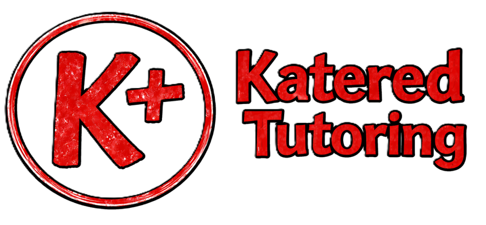 Logo for Katered Tutoring featuring a red letter 'K' with a plus sign inside a red circle, and the words 'Katered Tutoring' in red text.
