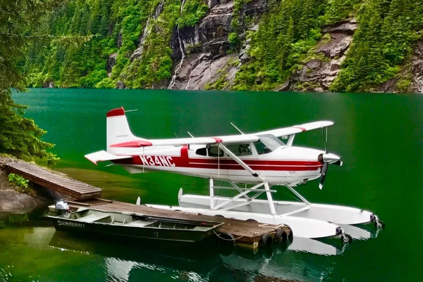 Small white and red single-engine airplane parked on a grassy field with mountains and trees in the background.