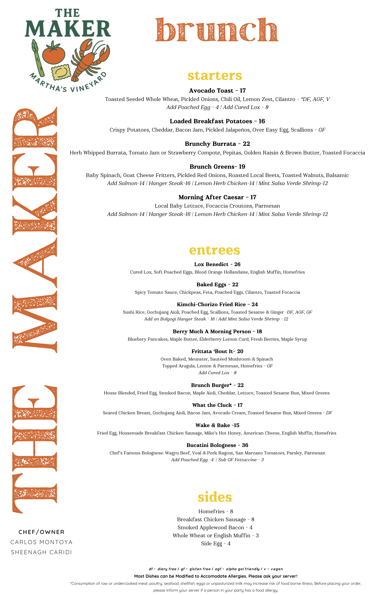 A brunch menu from Maker Café on Martha's Vineyard featuring starters, entrees, sides, and chef/owner information.