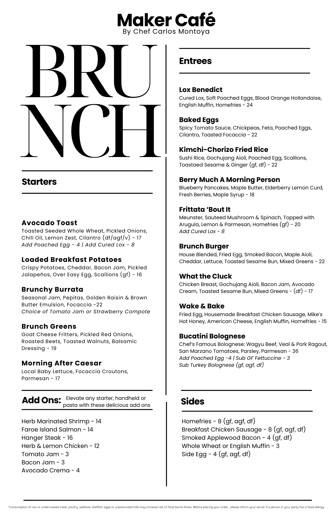 Menu for Maker Café featuring starters and entrees like avocado toast, loaded breakfast potatoes, brunch burrata, greens, morning after caesar, and various other breakfast and lunch options.