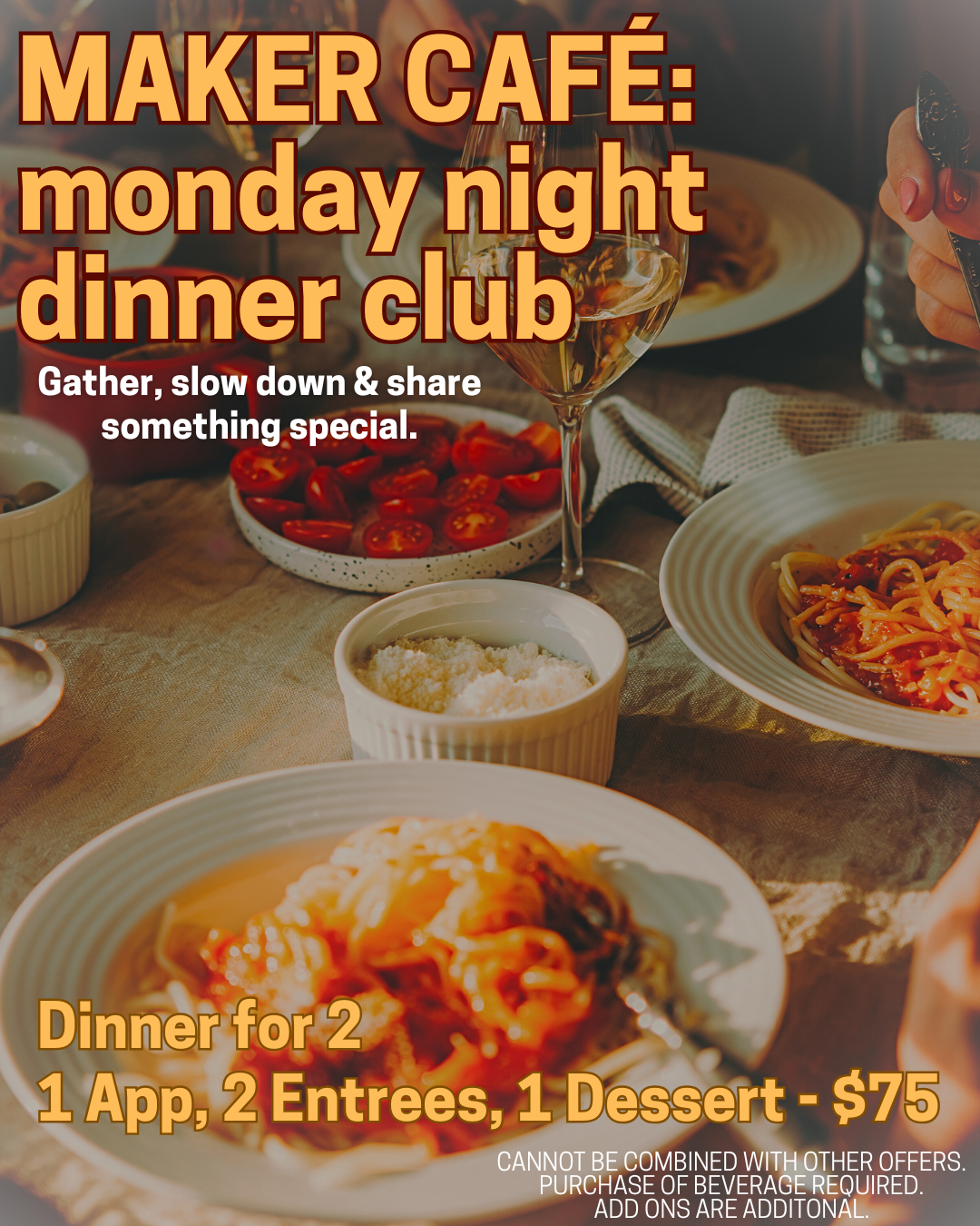 A table set with plates of spaghetti with tomato sauce, bowls of grated cheese, fresh cherry tomatoes on a plate, and a glass of white wine. A hand holds a spoon near the plate of spaghetti.