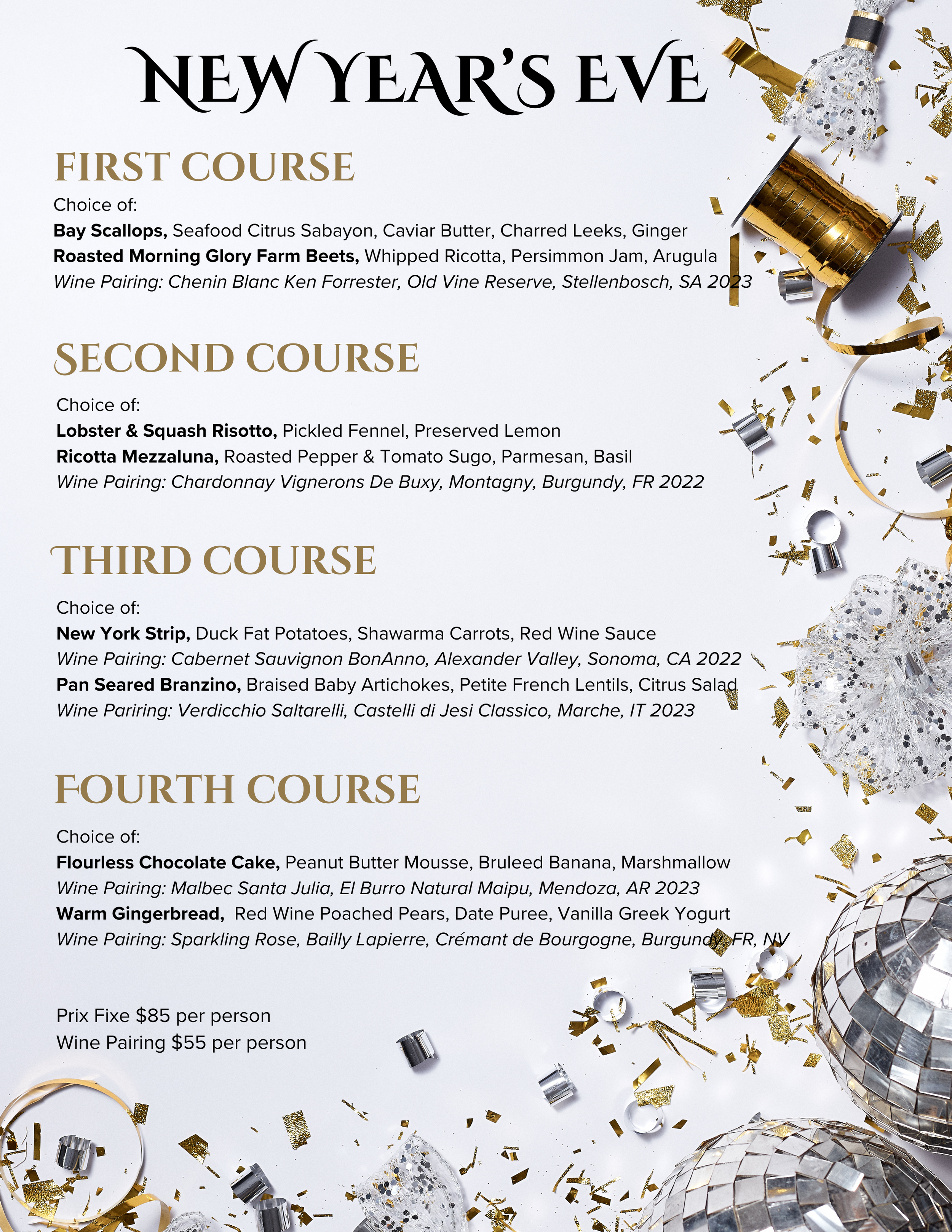 New Year's Eve dinner menu with four courses, including seafood, pasta, steak, and dessert, decorated with party confetti, streamers, and shiny disco balls.