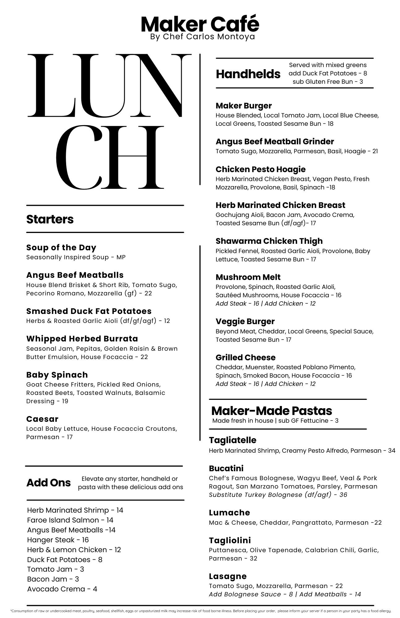 Menu for Maker Café featuring lunch options including starters, sandwiches, pasta, and other dishes, with prices listed in dollars.