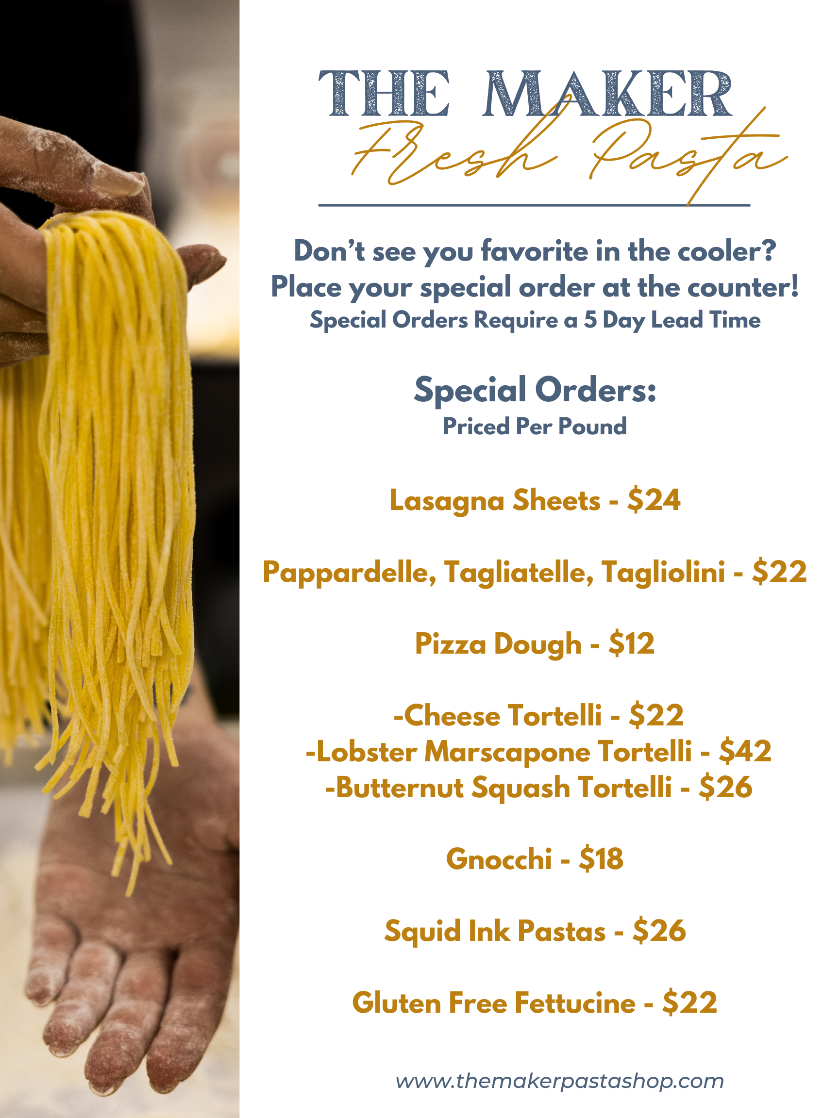 Menu poster for 'Maker  Café Fresh Pasta' featuring various pasta dishes and prices, with a background image of someone holding fresh pasta.