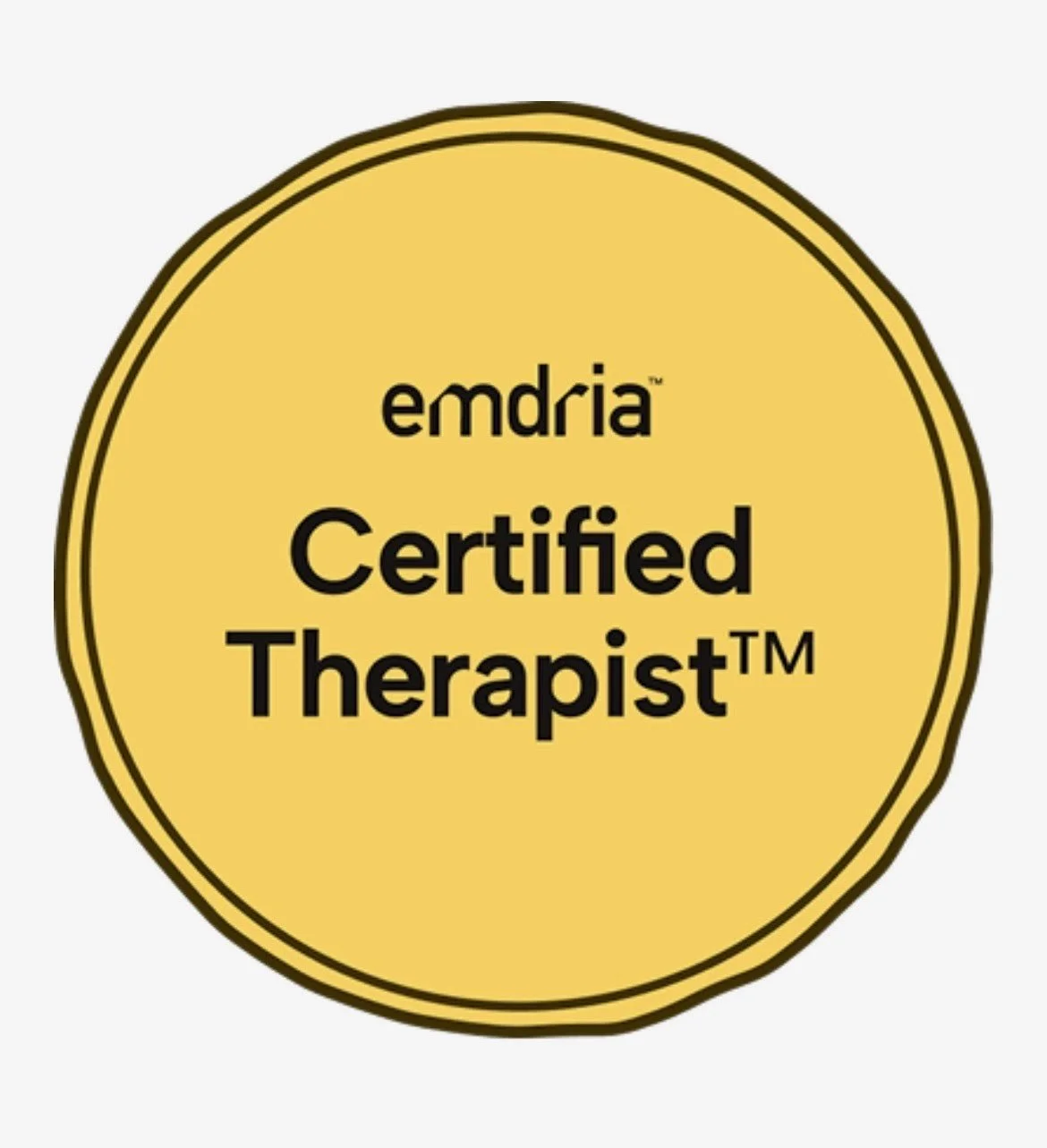Yellow circle with words "emdria Certified Therapist" in the center.