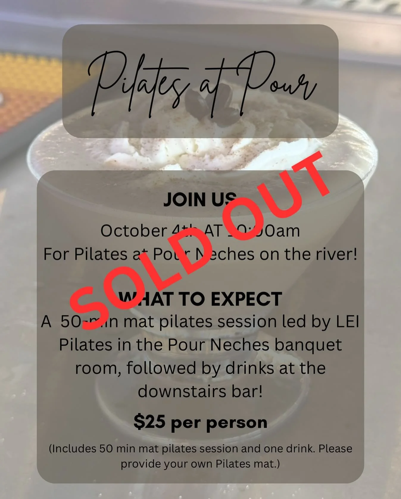 ✨ SOLD OUT! ✨

Our Mat Pilates event at Pour Neches is officially FULL, and we couldn&rsquo;t be more excited!

Thank you to everyone who reserved a spot &mdash; we can&rsquo;t wait to see you this Saturday and share this amazing session together! 

