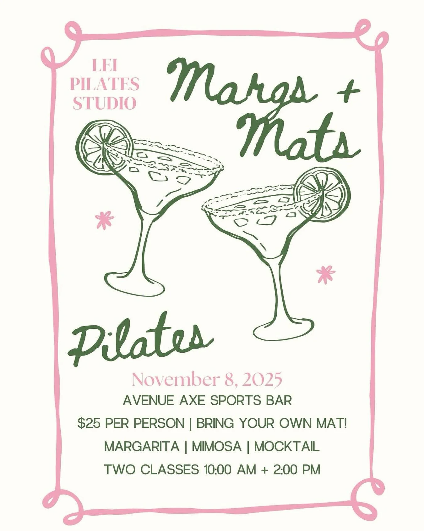 Pilates, cocktails, and shopping? Say less! 🙌

Mark your calendars! 🗓️ 

Join LEI at Avenue Axe on November 8th during the art walk! Come move with us at 10:00 AM, 2:00 PM, or BOTH, then 
Sip on a cocktail, and enjoy a day of shopping local vendors