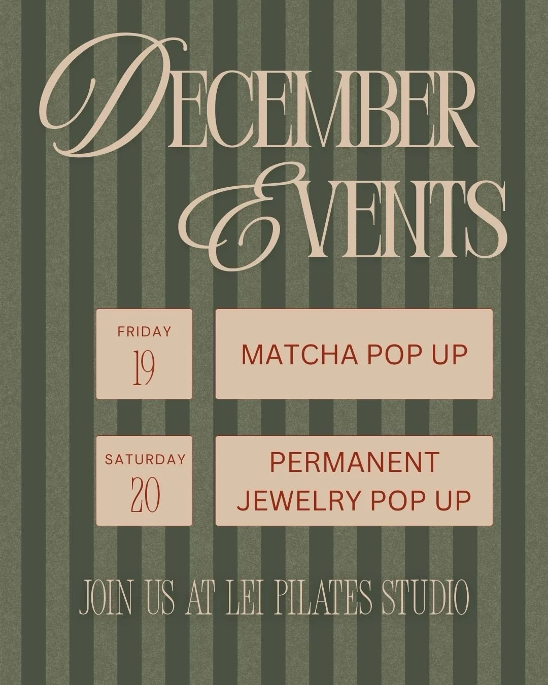 Our schedule drops today, and we&rsquo;ve got the sweetest holiday lineup! Sip some matcha, snag some permanent jewelry, and treat yourself this season. We&rsquo;d love to see you in the studio &hearts;️