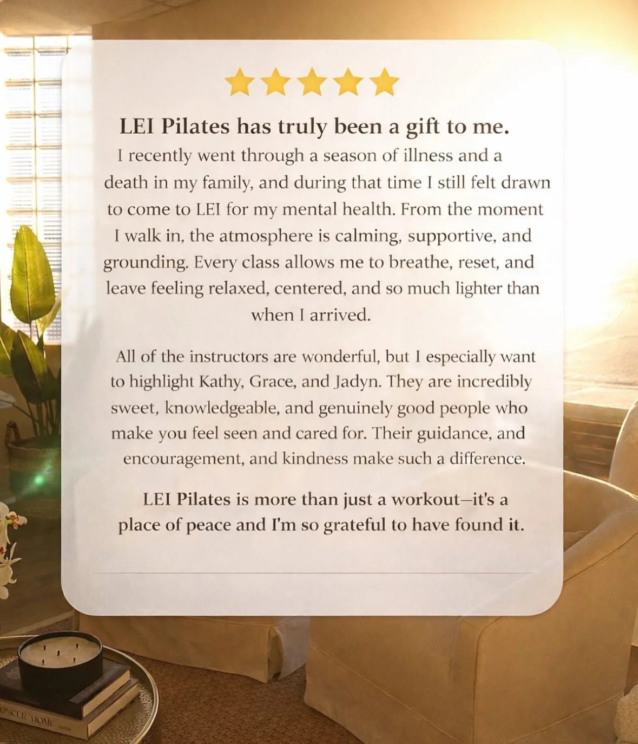 We are endlessly grateful for every kind word you share about LEI Pilates.
Your Google reviews mean more to us than you know&mdash;they help our small studio grow and allow others to find a space of movement, support, and peace.

If you&rsquo;ve love