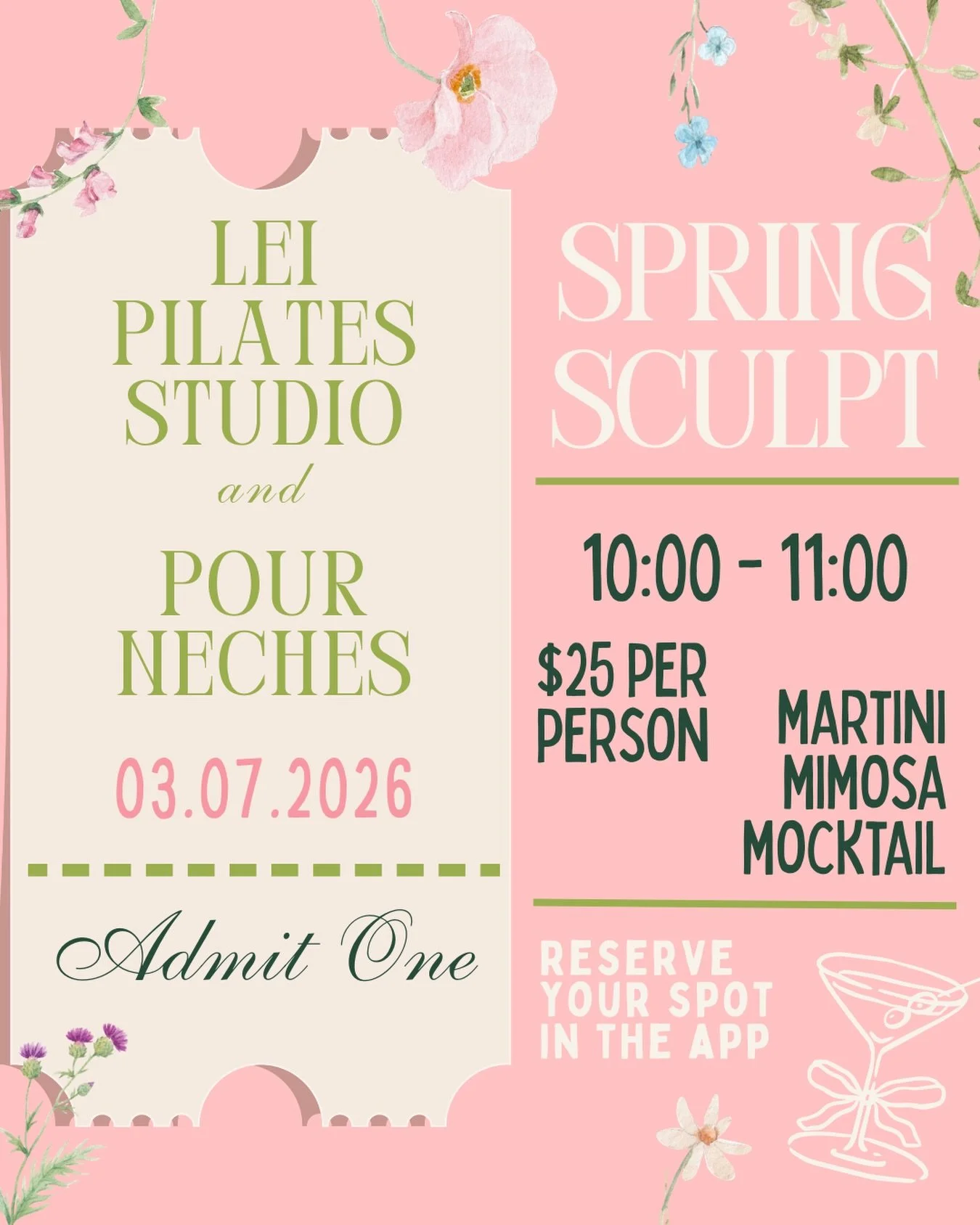 ✨Spring Sculpt ✨
Join us for a fresh, feel-good spring event on Saturday, March 7th with LEI Pilates Studio at Pour Neches &mdash; movement, bubbles, and all the girly vibes!

💕Pilates class
🥂 Mimosas, Martini, or a Mocktail after class
🎈 @allinon