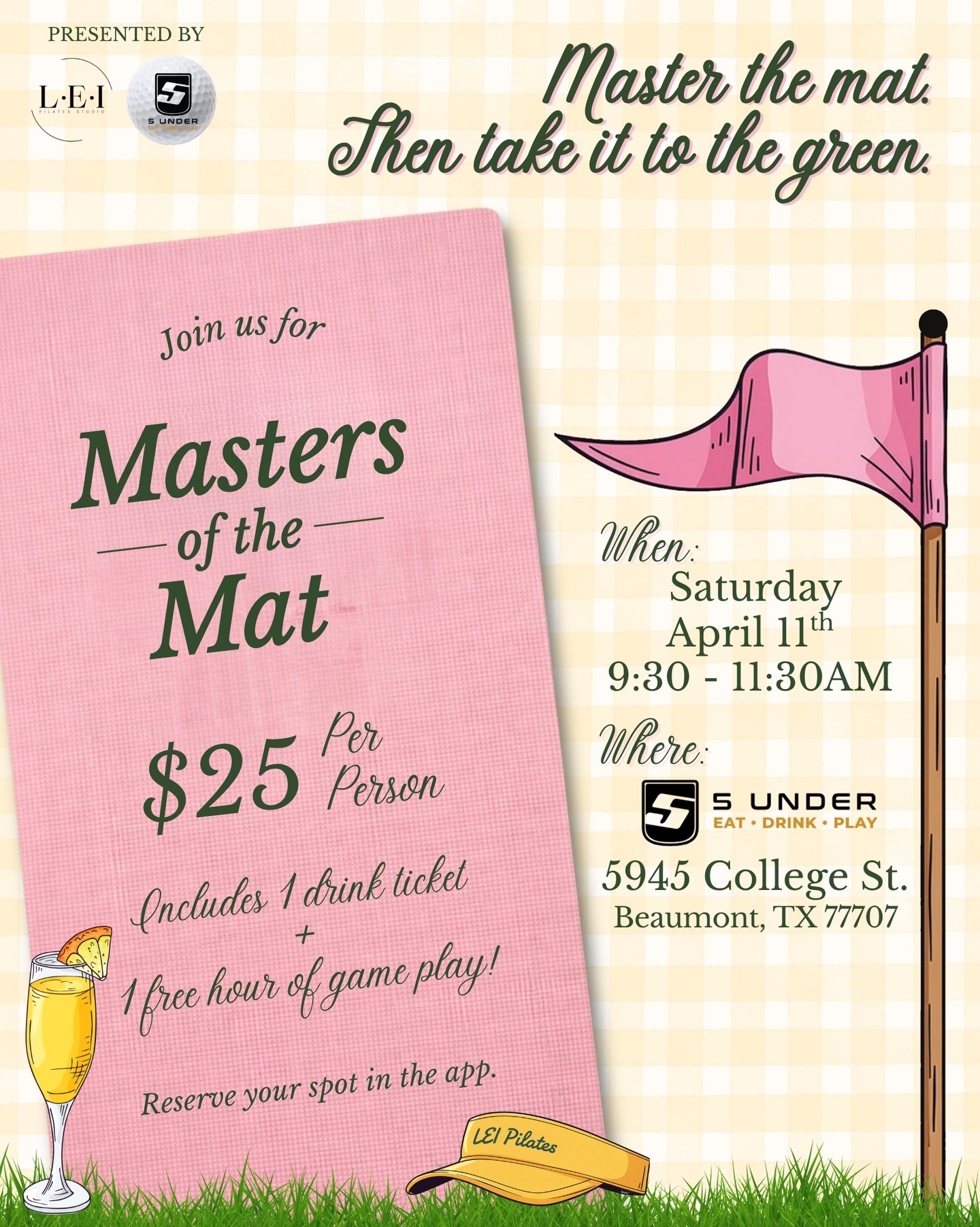 ⛳️ Masters of the Mat ⛳️

Join LEI Pilates on the mat for a high-energy, feel-good morning on Saturday, April 11th from 9:30- 11:30 at 5 Under for a little Masters weekend fun 🤍

✨ What&rsquo;s included in your $25 ticket? &bull; Pilates class with 