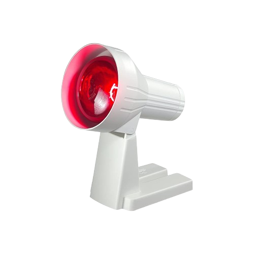 Ein weißer roter Laser- oder Lichttherapiegerät mit einer langen, schmalen Form und einer Klappe an der Seite, das auf einer Basis steht.