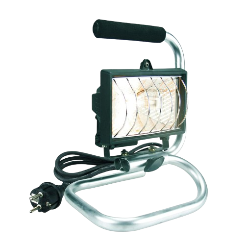 Ein tragbarer Scheinwerfer mit Griff und Netzkabel.