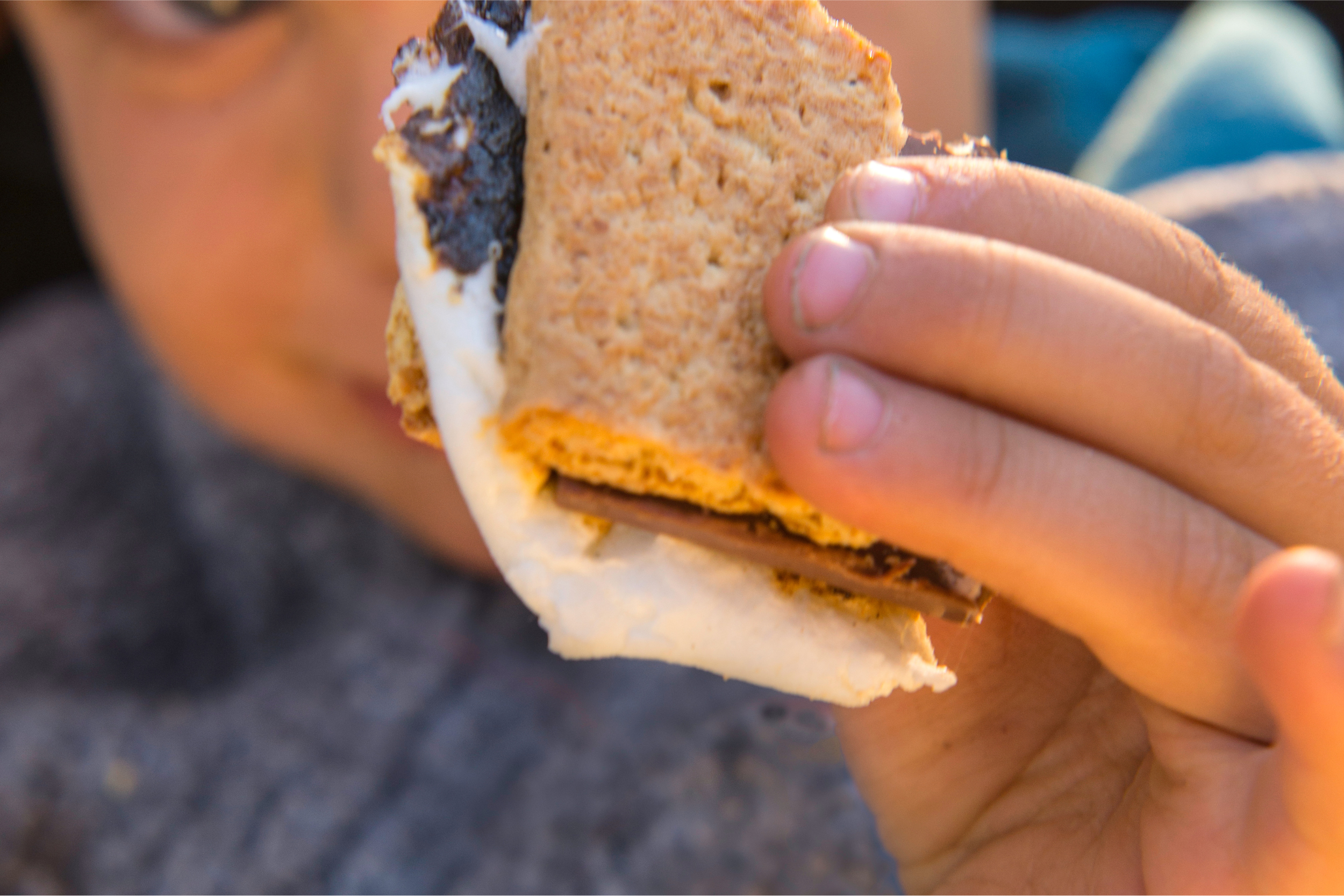 closeup of a child holding a s'more while camping