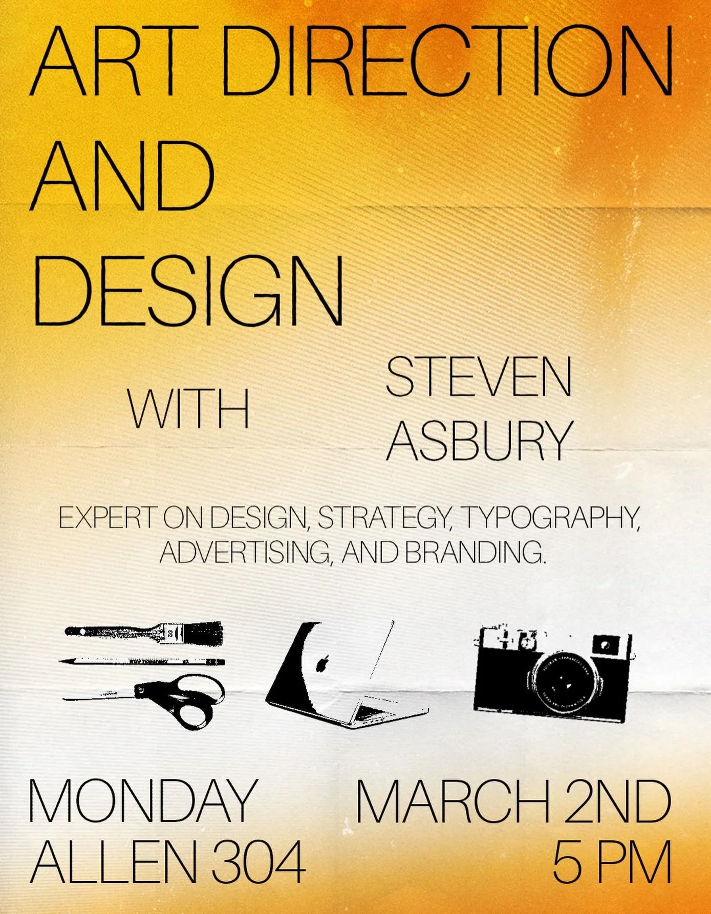 ⭐️Hi after hours!⭐️Join us for a special meeting on Monday! Steven Asbury will be joining us to talk about his experiences in the field and answer all of our questions about art direction and design! 

Asbury is an expert on design, strategy, typogra