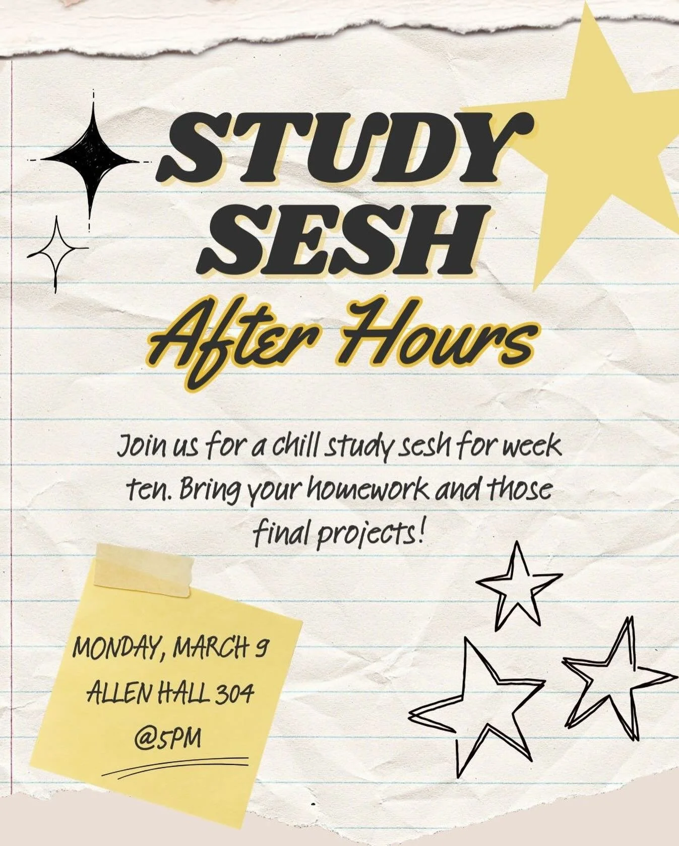 ⭐️Hi after hours! ⭐️ join us this Monday for a study session. 

We know we are all busy with final projects and wrapping up the term so this week&rsquo;s meeting will be dedicated to doing work in great company! 

See you then! 💫