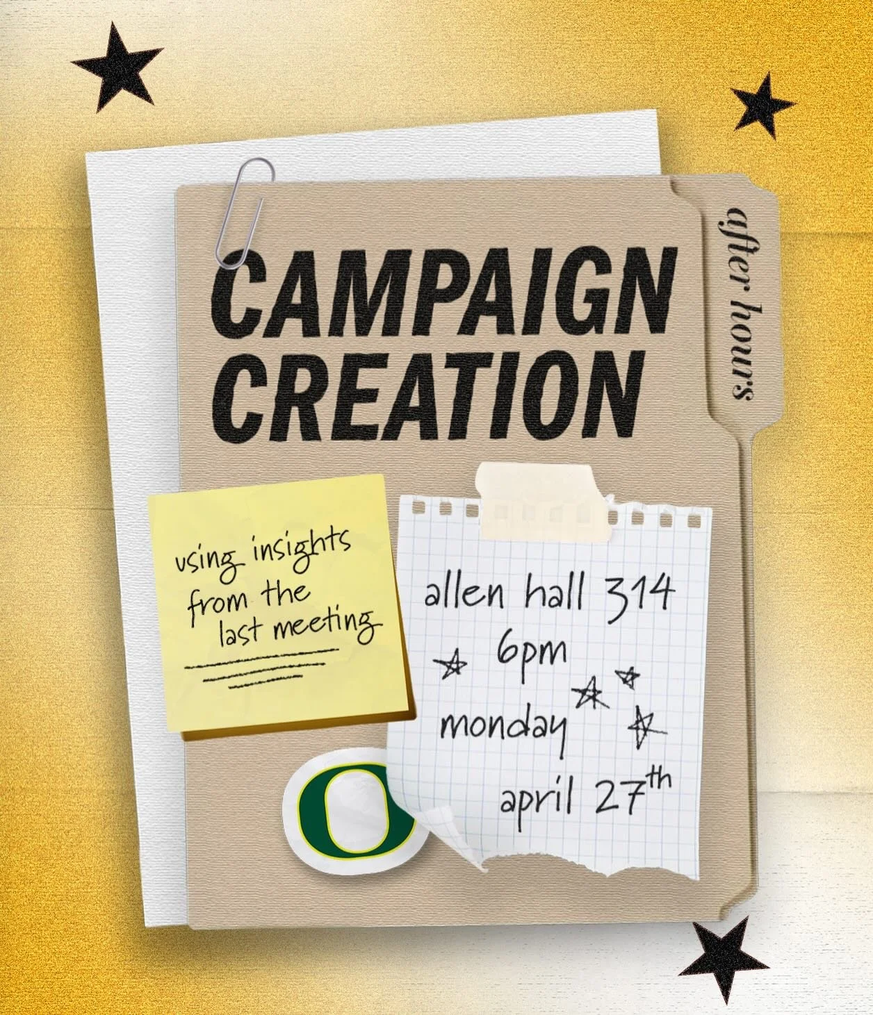 ⭐️Hi after hours! ⭐️

Join us for a campaign creation workshop this Monday at 6pm. We will use the insights we came up with last meeting to create campaign ideas! 

Allen Hall 314, at 6pm! See you then! 💫