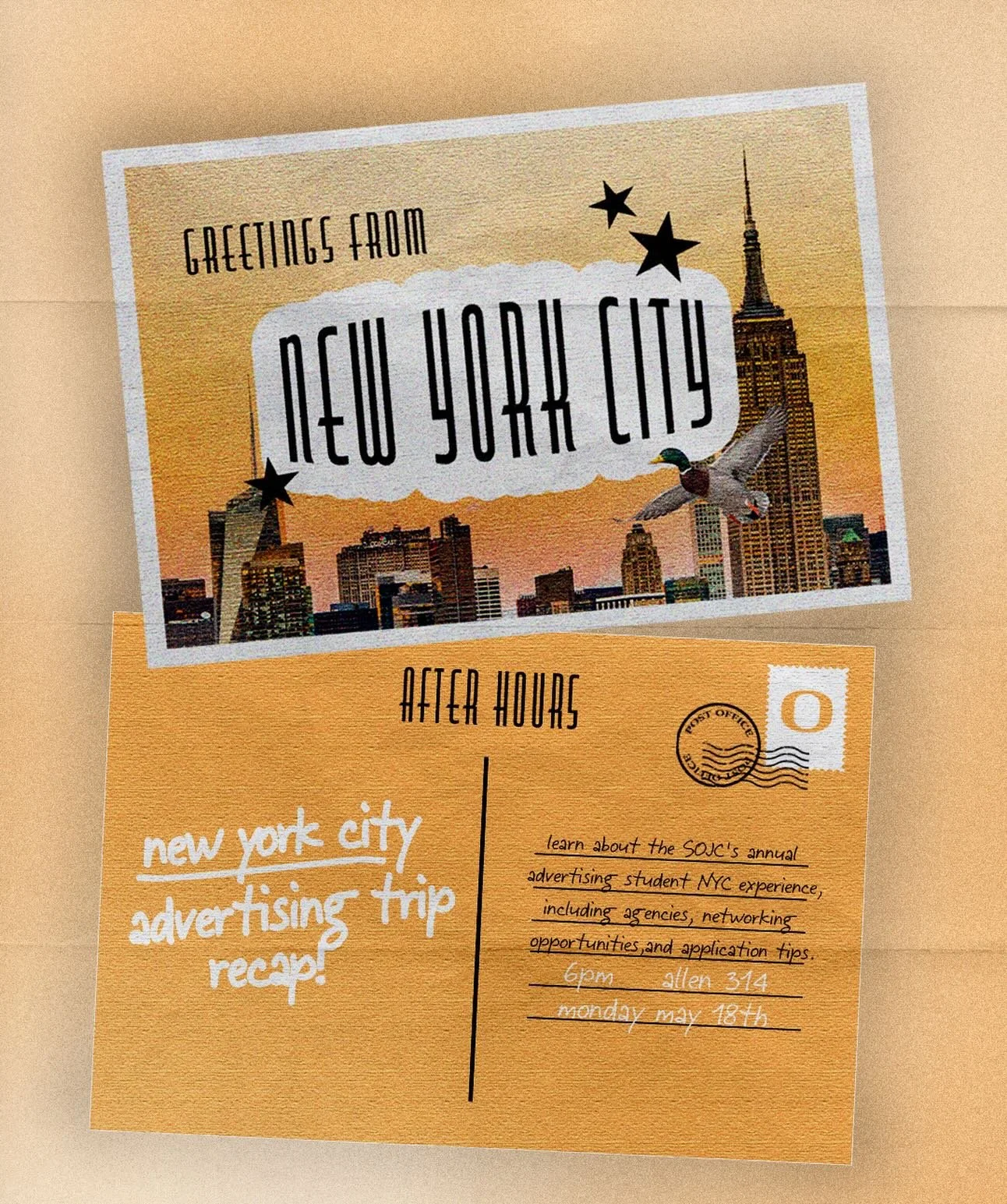 ⭐️Hello after hours! ⭐️

Join us for a meeting to learn more about advertising agencies, making connections in our industry, and the SOJC&rsquo;s annual New York City experience trip for ad students! 

Our presidents have just arrived back home from 