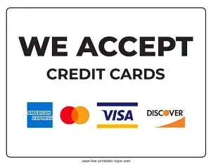 Sign indicating acceptance of credit cards, including American Express, Mastercard, Visa, and Discover.