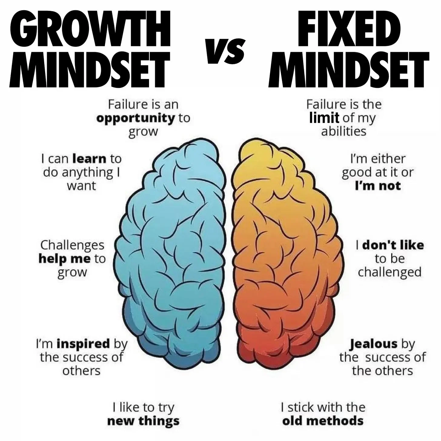 Comparison of growth mindset and fixed mindset, with illustrations of brains. Growth mindset emphasizes learning from failure and trying new things, while fixed mindset views failure as a limit of abilities and sticking to old methods.