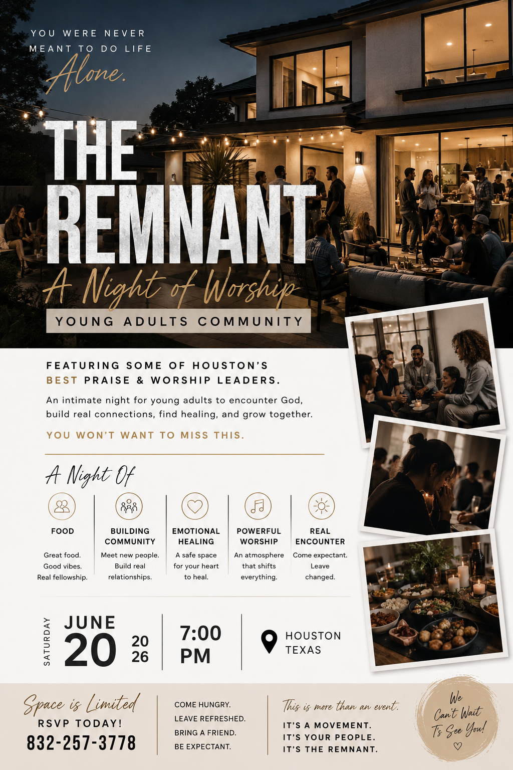 A promotional flyer for 'The Remnant: A Night of Worship,' an event for young adults in Houston, Texas. The flyer features images of young adults at a gathering, a house with string lights, and food. It highlights praise and worship leadership, emotional healing, community building, and real encounters with God. Event details: June 20, 2026, at 7:00 PM, RSVP via phone number.