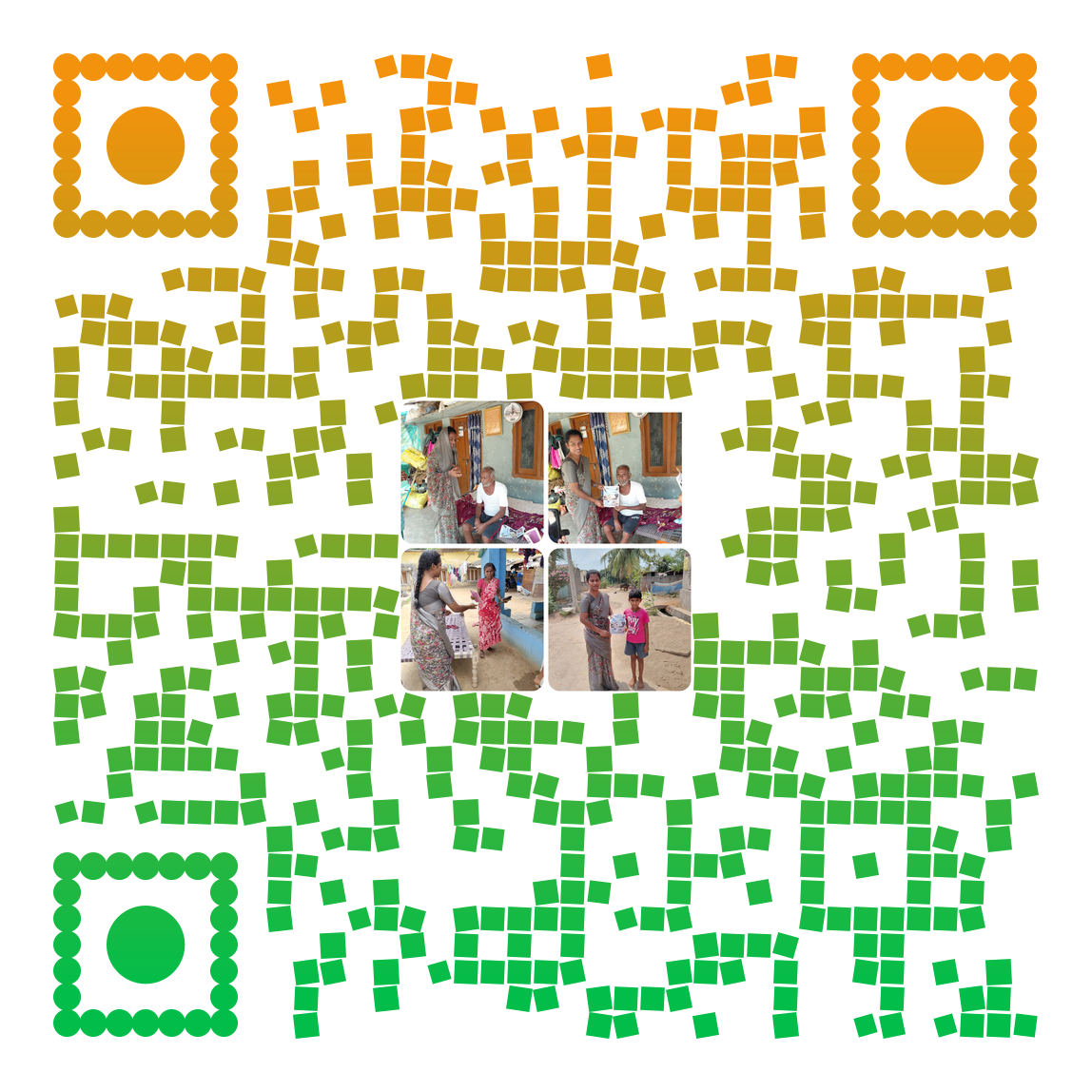 A colorful QR code with four embedded photographs in the center showing people interacting in an outdoor and indoor setting.
