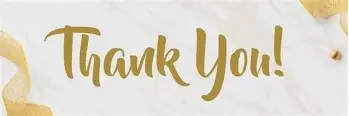 A thank you message written in gold cursive text on a white background with decorative gold accents.